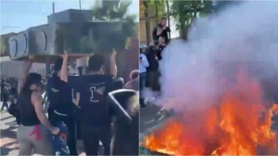 Copertina di Corteo a Napoli, bruciato un carro armato di cartone per protesta contro la spesa militare